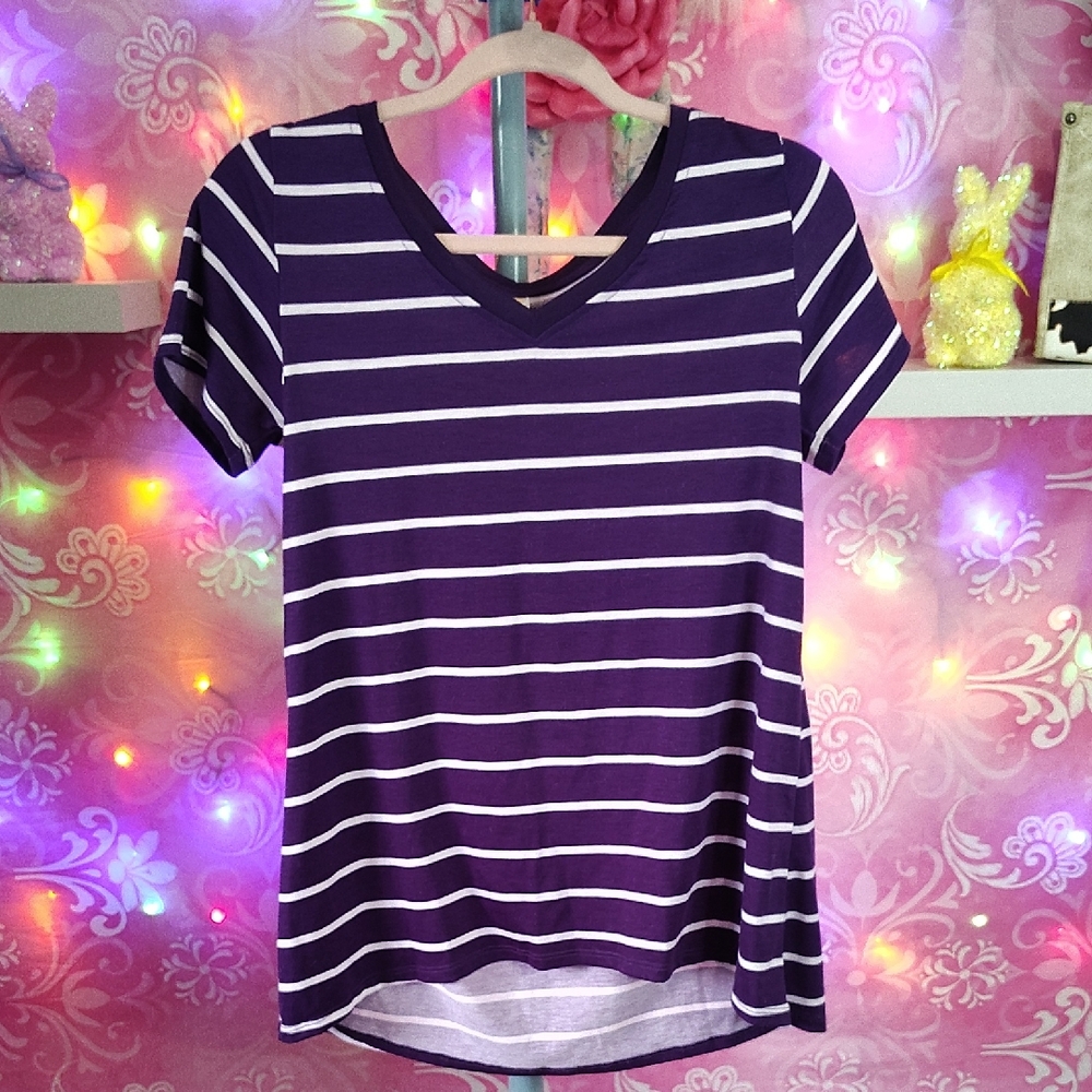 LuLaRoe Purple and White Striped V-Neck Tee